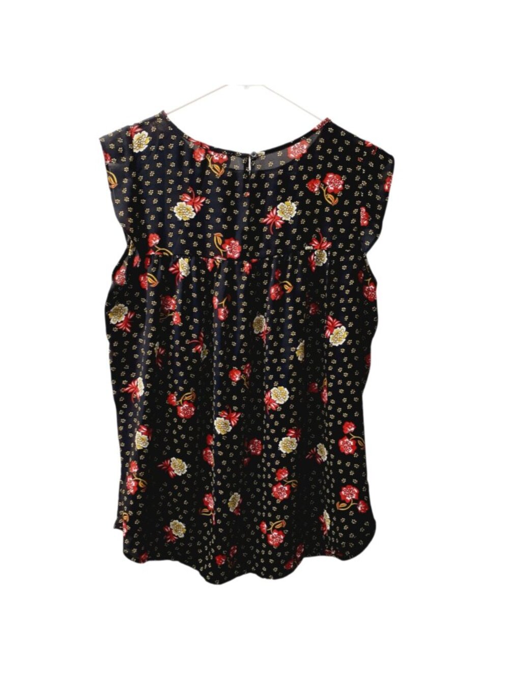 LOFT Womens Outlet Tank Top Medium Black Floral Ruffled Round Neck Sleeveless - Picture 2 of 3